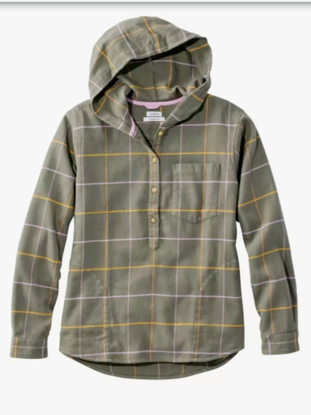 L.L. Bean Soft Brushed Flannel Hoodie Olive Plaid Size M FW24